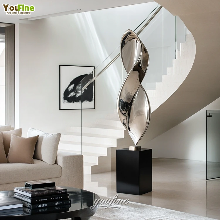 Abstract Golden Modern Abstract Twisted Sculpture Metal Stainless Steel Indoor Sculpture
