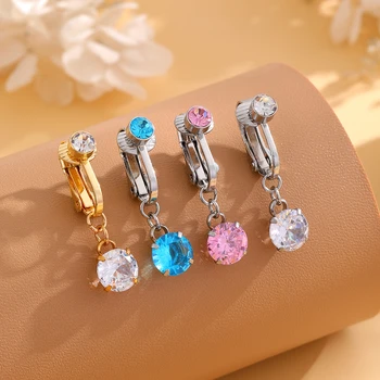 316L Stainless Steel New Design Clip on Belly Ring 8mm Blue Powder Large Zircon Non Perforated Dangle Navel Ring Jewelry
