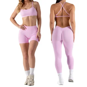 Seamless Solid 3 Piece Activewear Set Cross-Back Sports Bra High-Waisted Tights Bike Shorts Elastic Waist Four-Way Stretch Squat