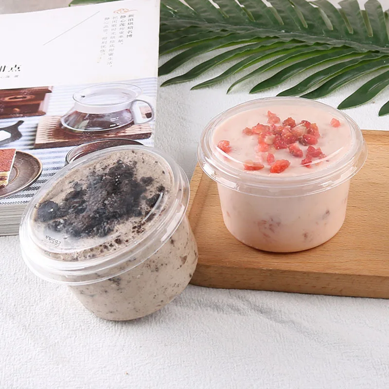 Ice Cream Yogurt Mousse Cup Jelly Pudding Custard Cake Baked Goods Grade Blister PET Dessert Packaging Round Cup with Spoon