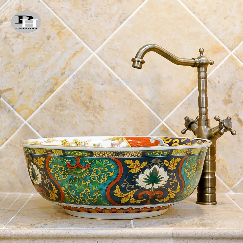 Jingdezhen Colorful Ceramic Bathroom Face Washing Basin Round Washbasin
