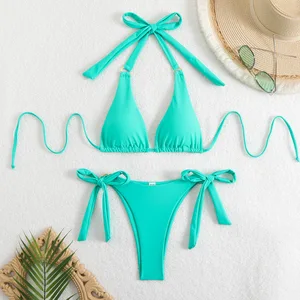 Solid Color Halter Triangle Bikini Set for Women, Sexy Nylon Two Piece Swimsuit for Beach or Pool