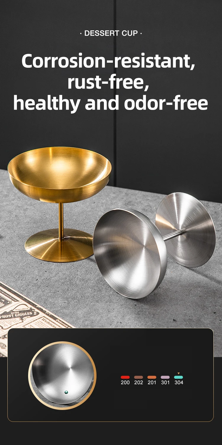 Fast Shipment Golden High Frost-proof Bottom Round Food Safety Metal Yogurt Juice Cocktail Wine Stainless Steel Ice Cream Cup