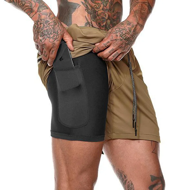 New Men Running Shorts Sports Gym Compression Phone Pocket Wear