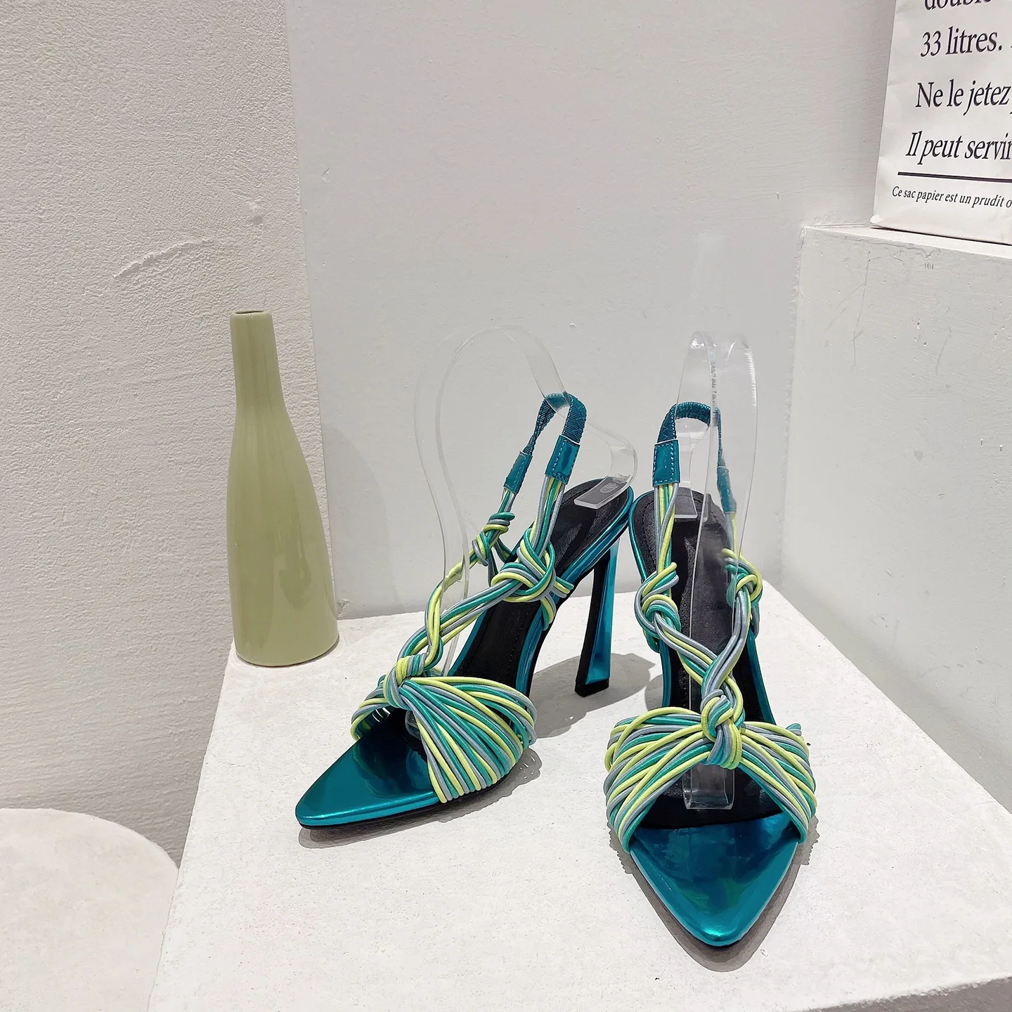 Fashionable Design New Pointed Toe Colorful Elegant Stretch Fabric Branded Special Heel Stiletto Roman Sandals For Women - Image 4