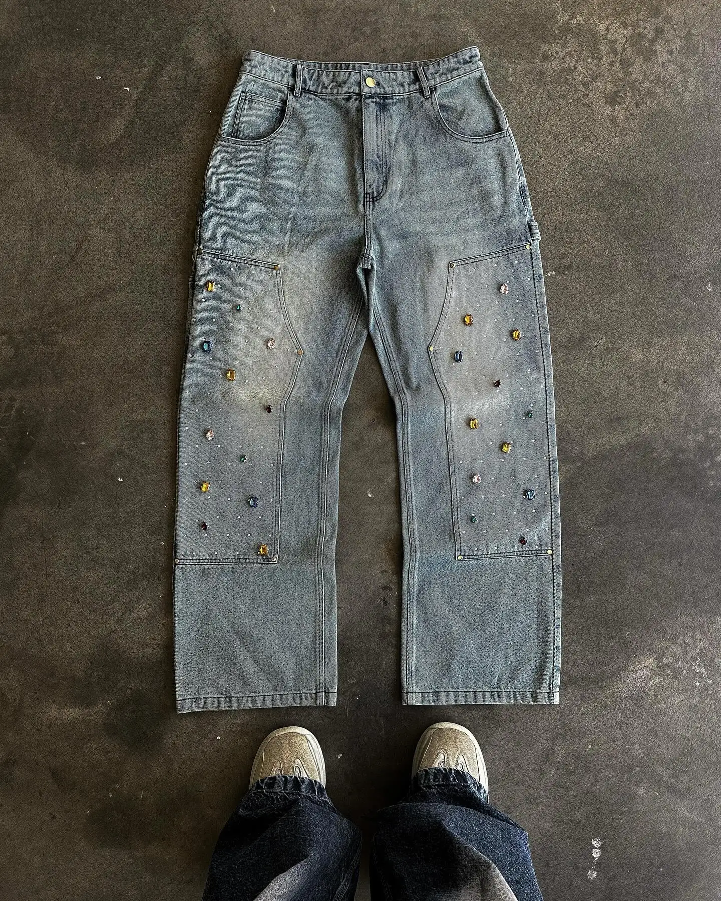 Custom Designer High Waist Rhinestone Oversized Wide Leg Acid Wash Distressed Baggy Carpenter Flare Jean Pant Denim Jean for Men gallery 7