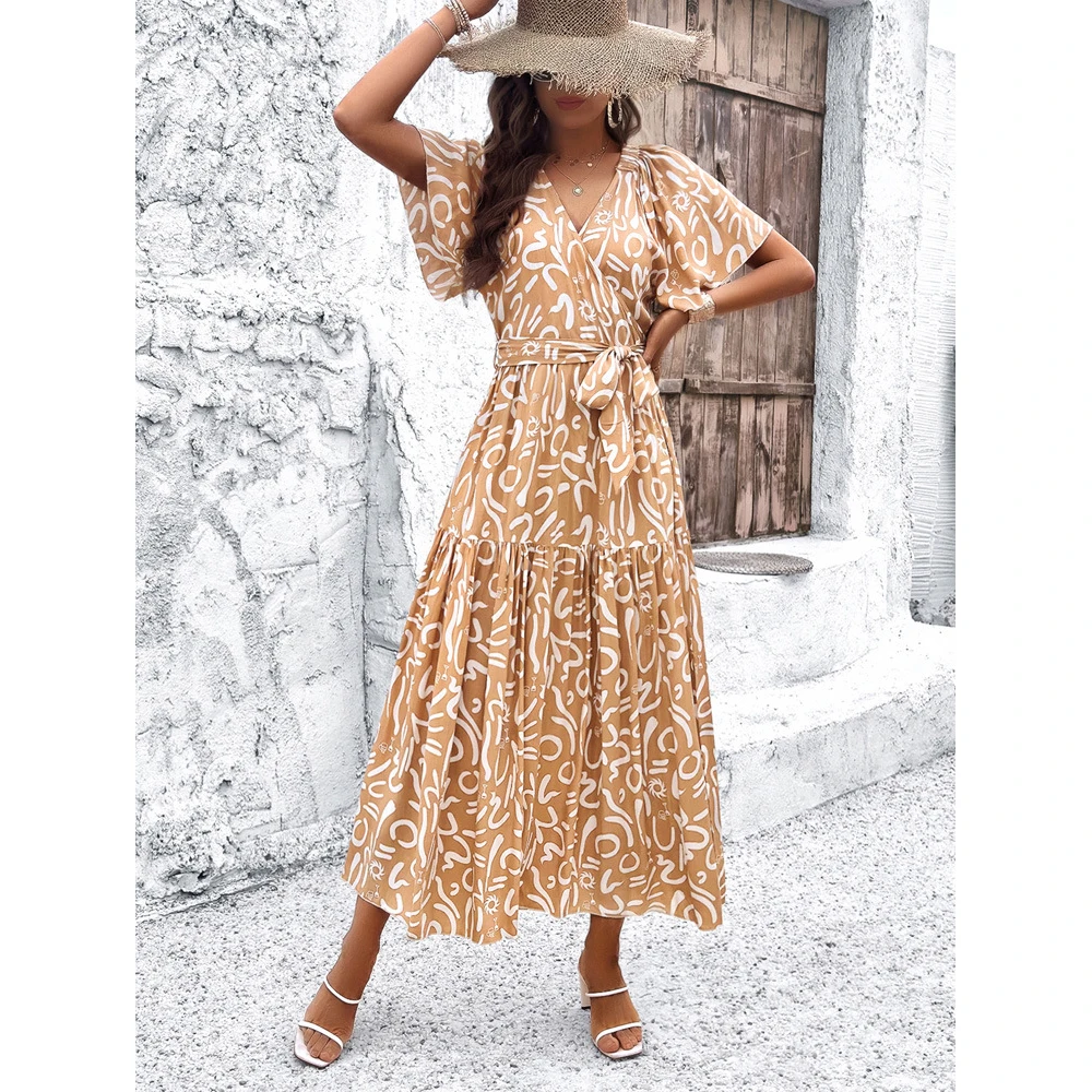casual dress for women 2024 Women's Clothing 2024 Summer Print Short Sleeve v Neck Beltd Long Vacation Casual  Dresses| Alibaba.com