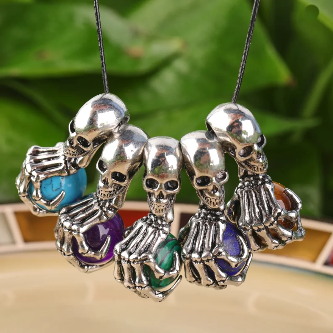 Natural Gemstone Quartz Skull Claw Antique Silver Pendants Round Stone  Crystal Sphere Charms for Necklace Wholesale Supplies