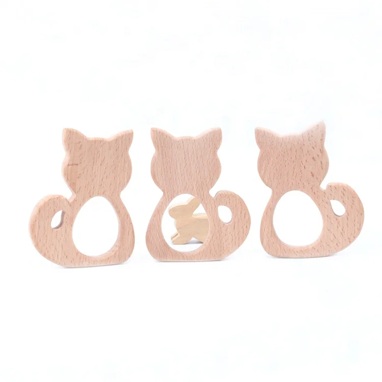 DIY Custom Teething Toy Beech Wood Wooden Cat Shaped  Teether for Baby