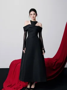 Bettergirl High-quality 2026 New Fashion Off-shoulder Mesh Satin Black Elegant Evening Dress Simple Long Party Dress