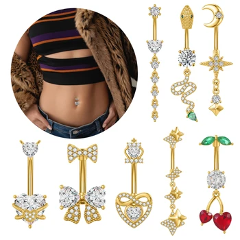 Set of 10 14G Surgical Steel Belly Rings Cherry Snake Design with CZ Curved Navel Piercing Jewelry Stainless Steel Main Material