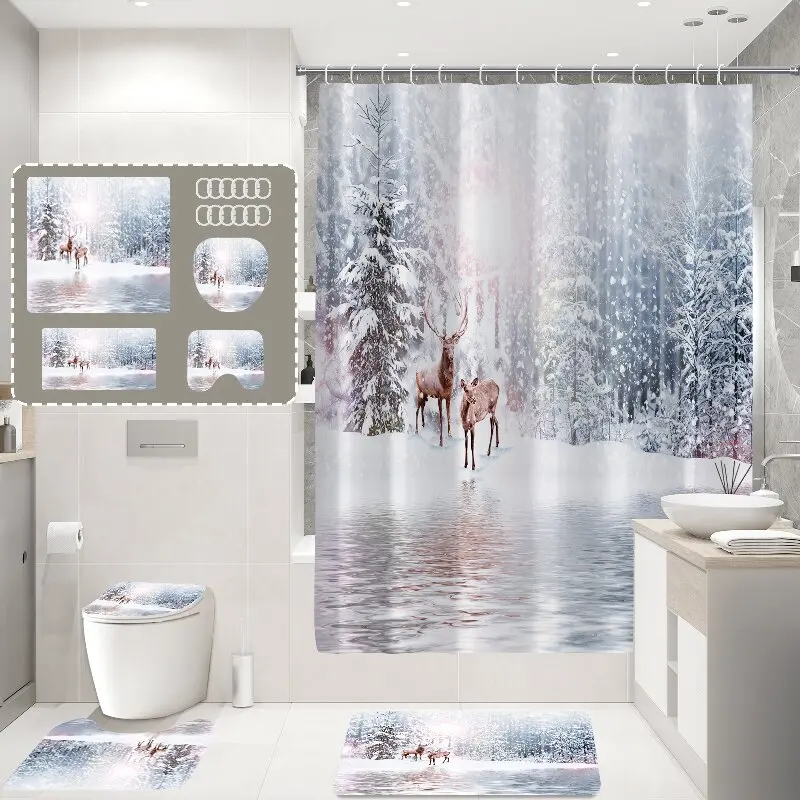 Polyester 3d Digital Printing 4 Pieces  Roll up Snowflake Christmas Shower Curtain Sets for Bathroom