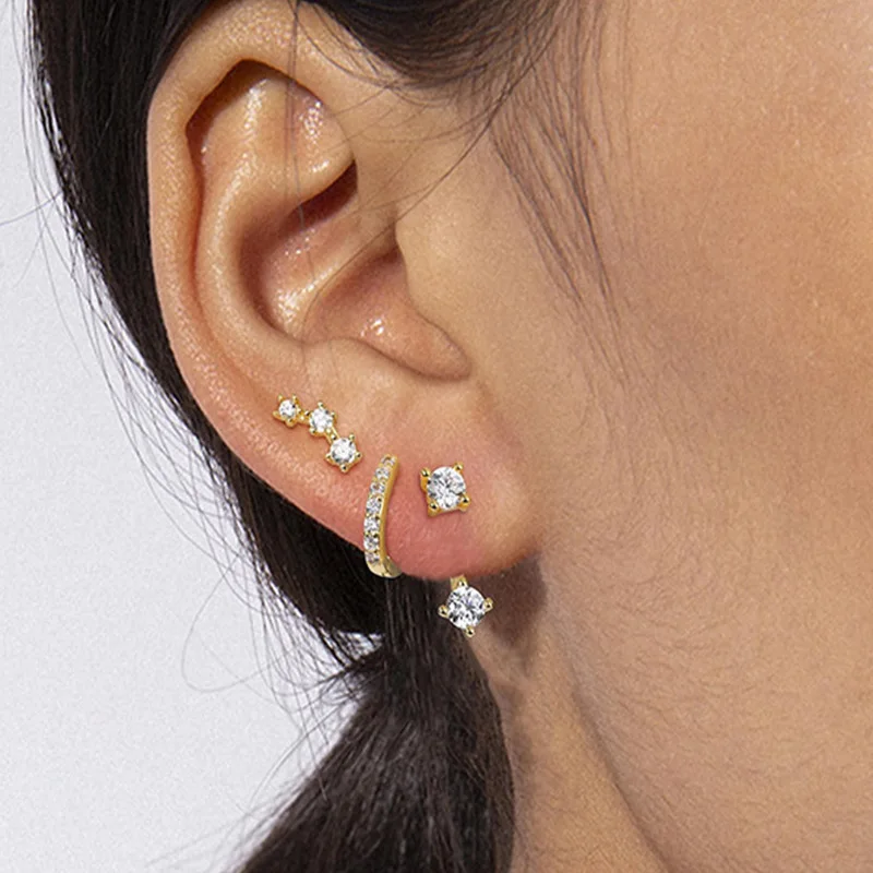 3 Pairs Stud Hoop Earrings Set for Women 14K Gold Plated Zircon Earrings Stacks Dainty Earrings for Multiple Piercings