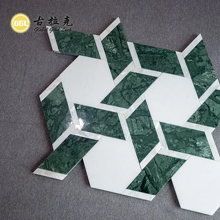 Polished Green White Marble Mosaic Mix Shell Tile Water Jet Stone Irregular Shape Mosaic Tile for Wall Floor Decor details