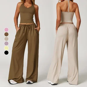 Women's V-neckline Vest Beauty Back Breathable Fitness Sports Suit Elastic Waist Pocket Casual Wide Leg Pants Brushed Yoga Set