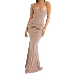 Party Custom Fashion Women's Sleeveless Pleated Dress Fit Ruffle Hem Sexy Party Dress for Wedding Occassion Bodycon Maxi Dress