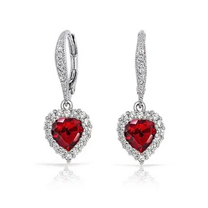 Keiyue 2026 Latest Pure Transparent Zircon Heart Forever Love Red Stone Classic Wedding Party 925 Sterling Silver Wire Earrings