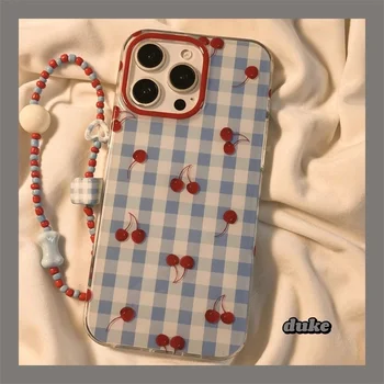 Stylish Plaid Red Cherry  Belt Bracelet for Apple 16Pro Max for iPhone 15Pro Creative 13Pro 11/X Phone Grip-Mobile Phone Cases
