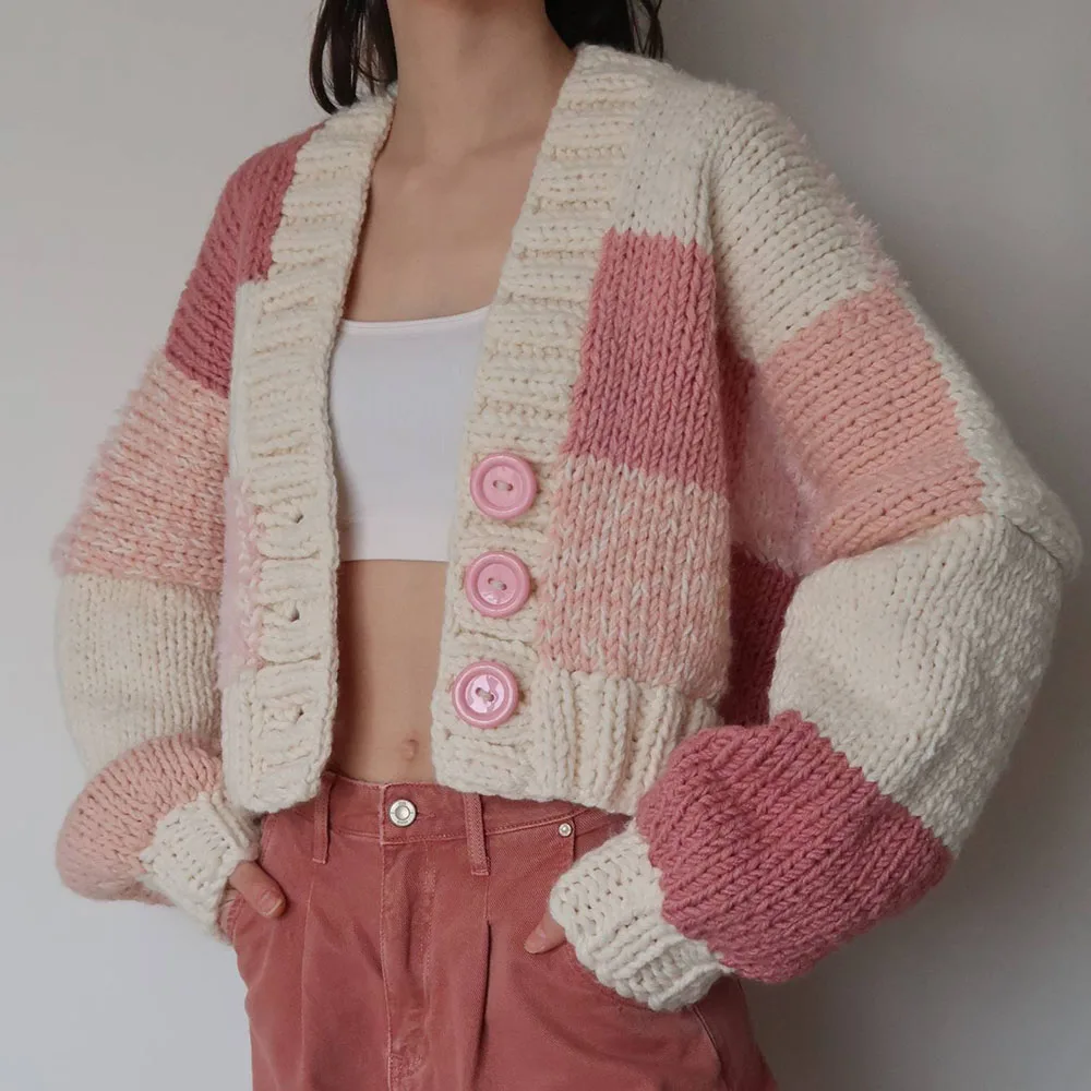 Custom Baggy Ladies Plus Size Chunky Long Sleeve Sweater Vintage Handmade  Oversized Cardigan Cropped Knit Wool Sweater for Women