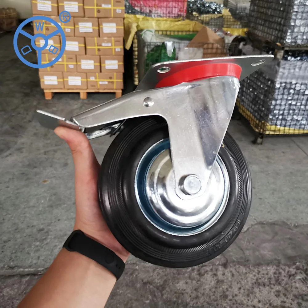 3/3.5/4/5/6/8 Inch Black Rubber Swivel Steel Core Industrial Caster Wheel With Brake for Waste Bin Trash Can