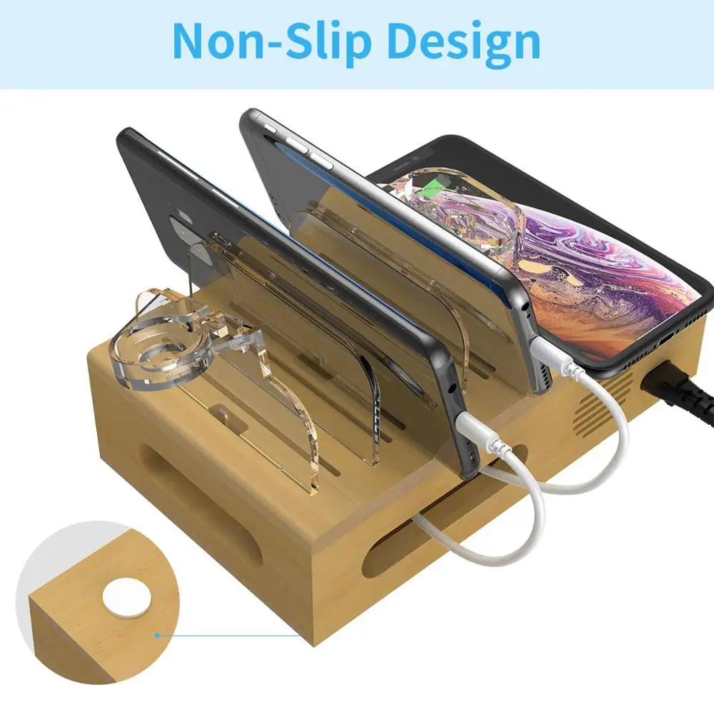 
 Улучшенная настольная Беспроводная зарядная док-станция из бамбука с USB-портом, многофункциональное зарядное устройство для сотового телефона/планшета android/нескольких устройств  