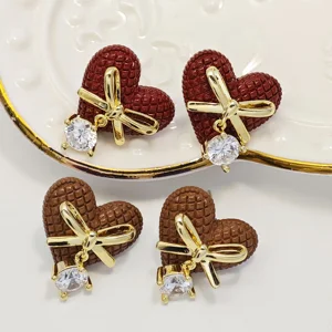 Ilona Vintage Gift Cubicles Gold Plated Zircon Copper Earrings Women Luxury Heart Shape Bowknot Studs Earrings Wholesale