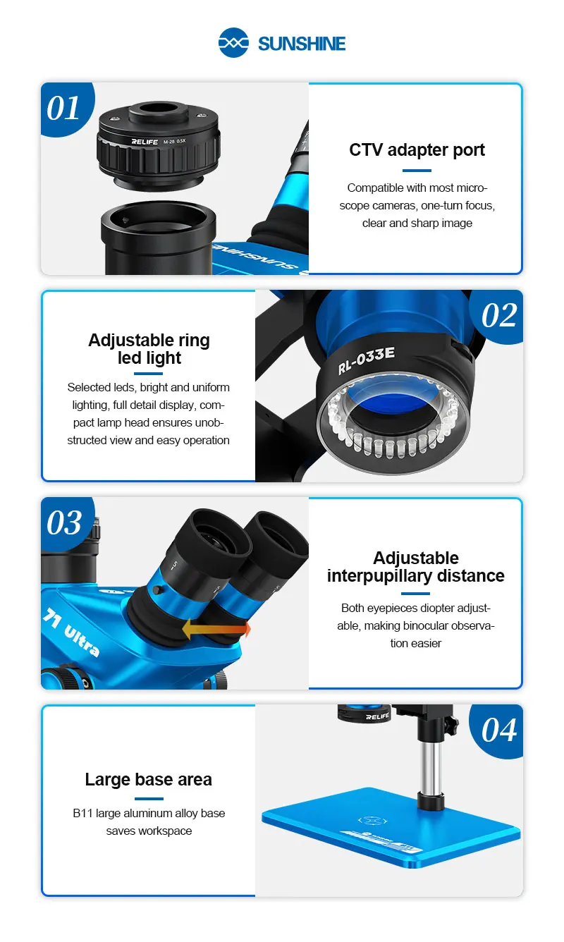 Microscope électronique SUNSHINE 71 Ultra Trinocular à zoom continu et fixe pour la réparation de téléphones mobiles et de bijoux