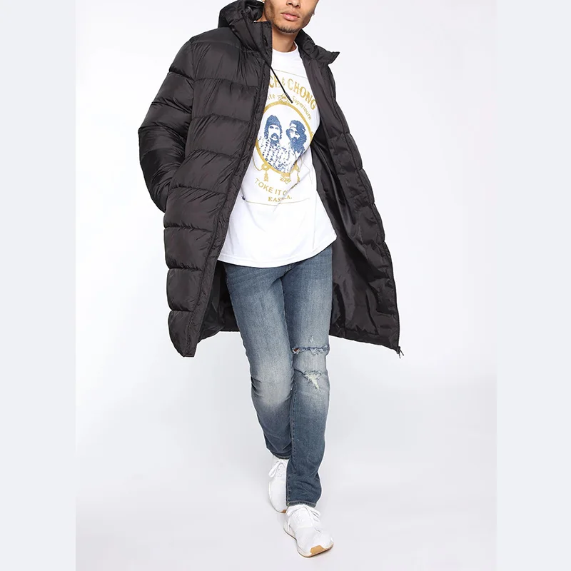 Fashionable Winter Men's Coats 100% Polyester Side Hand Pockets Full Zip Closure Puffer Coat Men Custom Plain Long Coat Men gallery 3