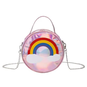 Custom Round Shaped Rainbow Cartoon Crossbody Bag Girls Rainbow Glitter Sequins Purse Bag