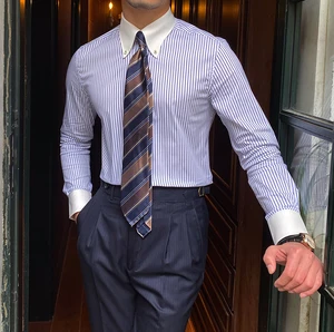 Autumn Men's Blue Lightweight 70% Cotton Striped Point Collar Shirt Casual Breathable Youth Long-sleeved Shirt for Men