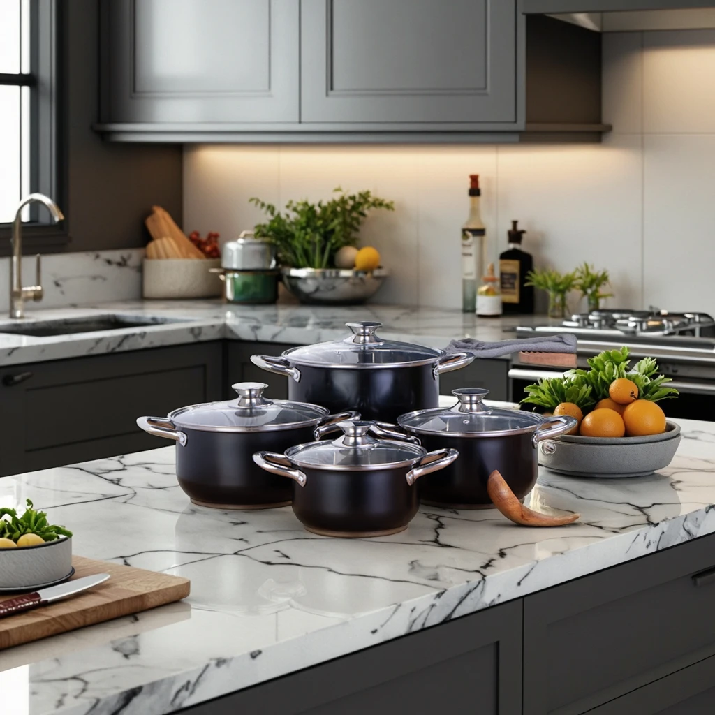 Dessini Modern Design Indian Kitchenware Set Quality Metal Saucepan Classic Style Granite Marble Cookware Factory Wholesale