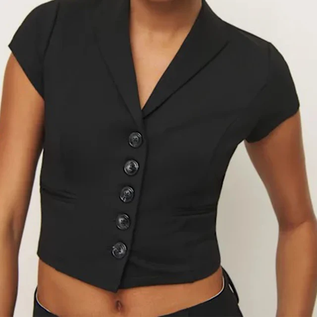 High Quality Black Short-Sleeved Blazer Top Eco-Friendly & Logo Decorated for Office & Fashion Occasions