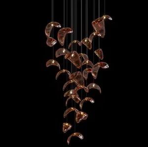 Modern Hotel Chandelier for Living Room & Lobby - Custom Fixture with Long Crystal -Luxury Staircase Glass Pendant Lights