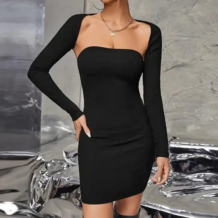 Sexy Bodycon Recycled Solid Color Tube Top&Mini Dress Ribbed Knit Long  Sleeve Bandeau Knit Dresses Women Co Ord Set