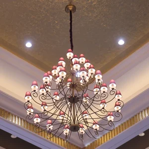 French Baroque Style Copper Pendant Light Red Fabric European Style Hanging Chandelier Round for Hotel Entrance Hall Brass