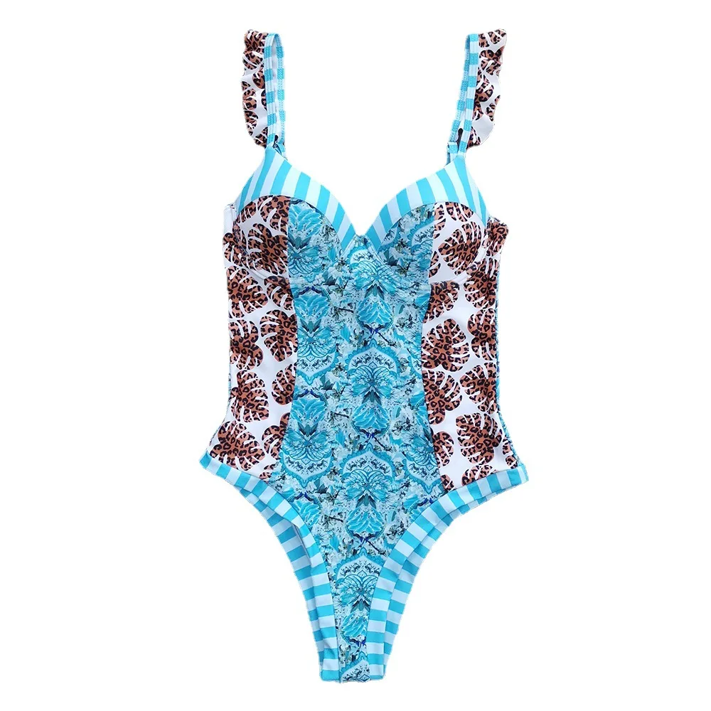 2022 Leopard Leaves Printed Ruffle Swimsuit Push Up One Piece Swimsuit