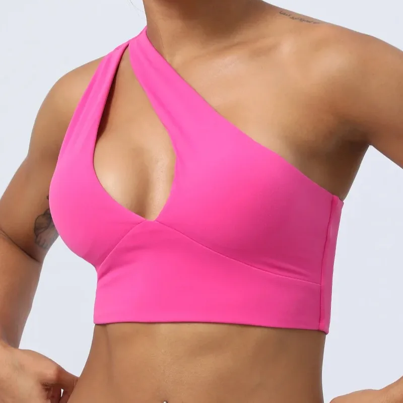 New Running Fitness Tank Top One Shoulder Shockproof Sports Bra Gym