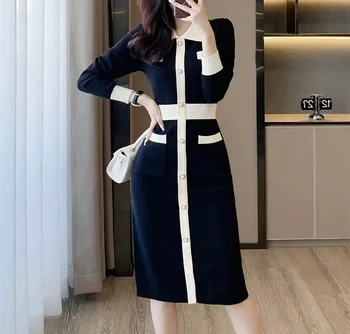 Knitwear Manufacturer Knitted Clothes Turn Down Collar Dresses Women Lady Elegant Formal