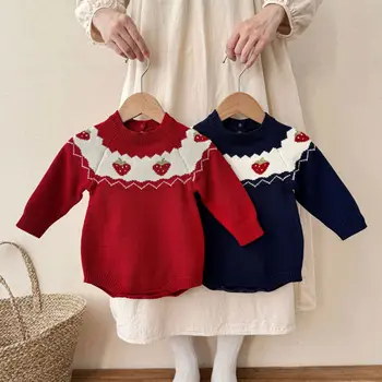 Ins 2025 Korean Style Jacquard One-Piece Romper for Baby Girls Solid Soft Knitted Sweet Strawberry Outdoor Infant Clothes