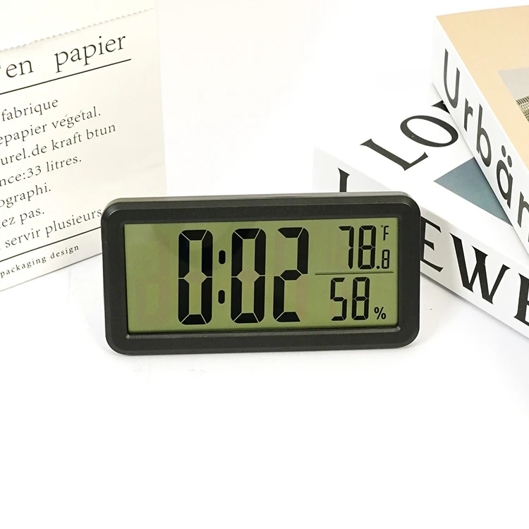 Factory Large Screen OEM Rectangle Black LCD Digital Alarm Clock Desktop Clock Thermometer Hygrometer Clock