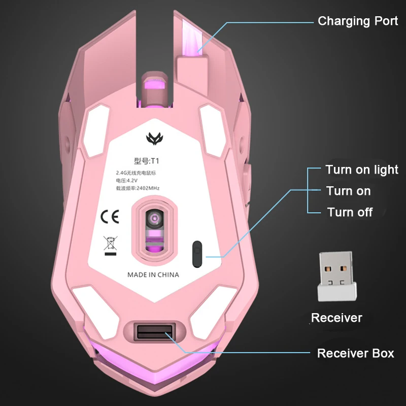 USB Rechargeable Backlit Mouse Ergonomic Optical Cute Pink Mice Women Wireless Mouse