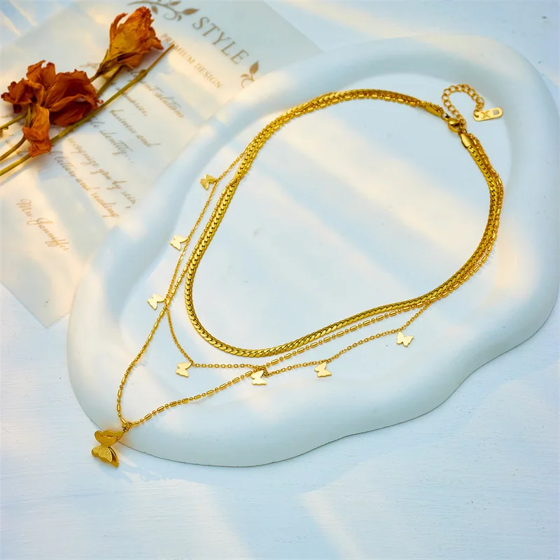 18K Gold Plated Butterfly Necklace - Multi Layer Design