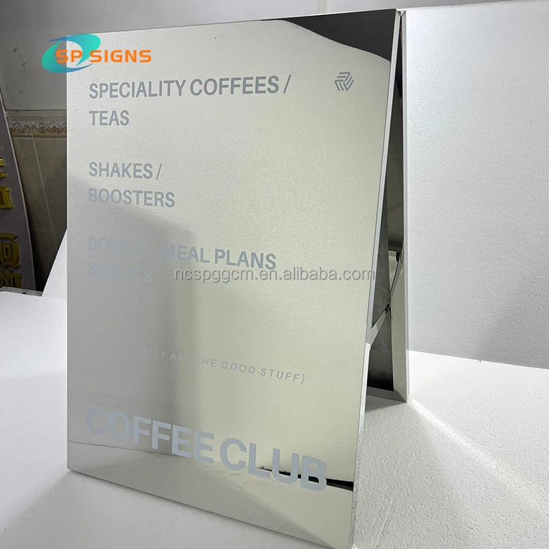 SP Custom 8k 12K Sliver Gold Mirror Stainless Steel A-frame Signage Double Side Stand Advertising Board Business Sign Outdoor