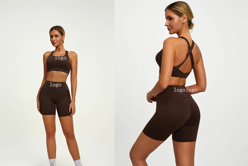 Wholesale Custom Logo 2 PCS Tummy Control Sportswear Set Seamless Cross Back Yoga Tops Scrunch Sport Bra Yoga for Women