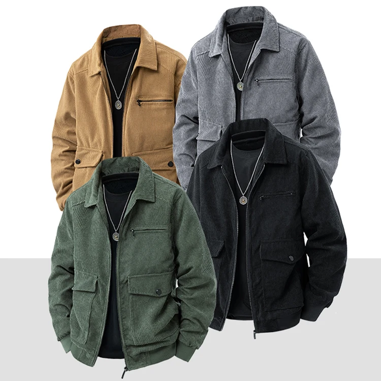 Men's Retro Washed Corduroy Jacket with Lapel and Multiple Pockets - Casual Windproof Coat