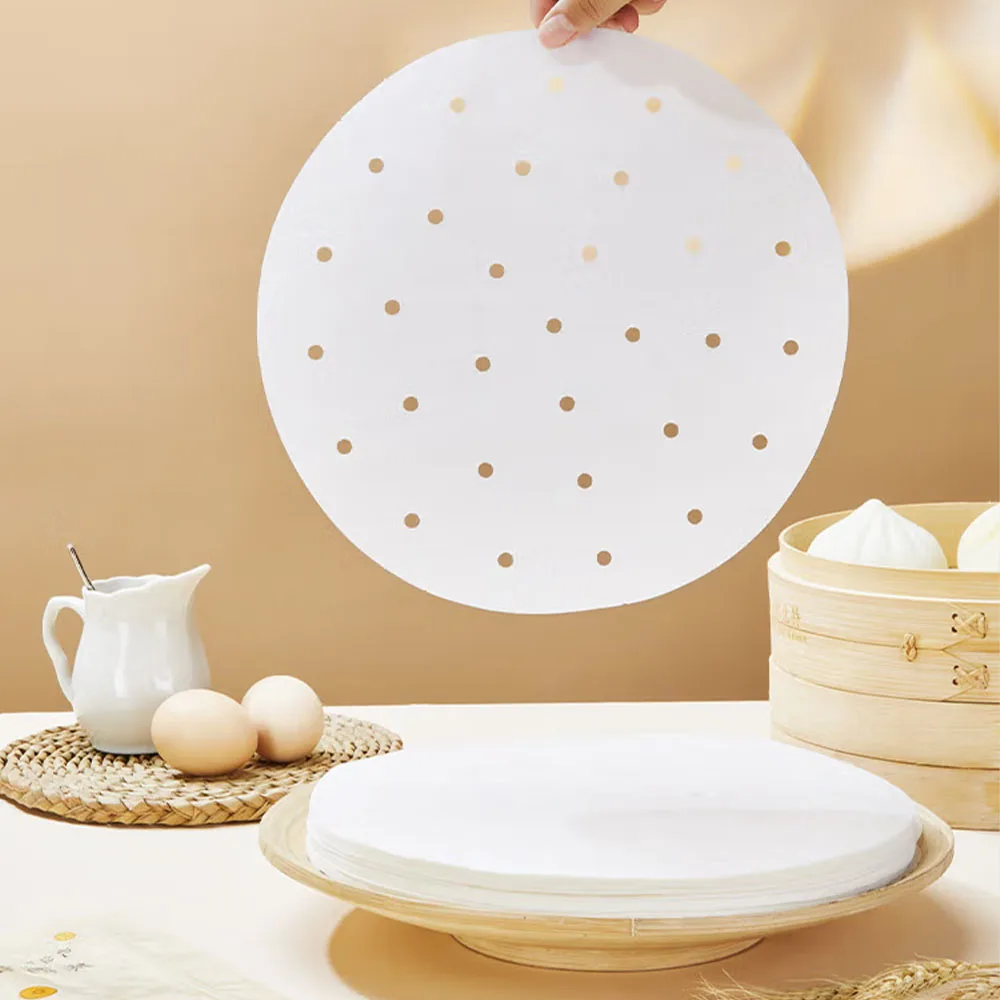 Good quality white round perforated steamer paper 500 sheet a pack non-stick paper liner