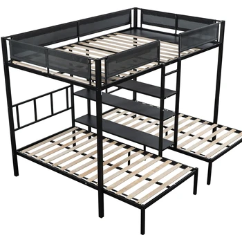 Metal Bunk Bed Bedroom Furniture Bedroom Sets Modern Steel Furniture Double Metal School Adult for Three Black Metal Frame