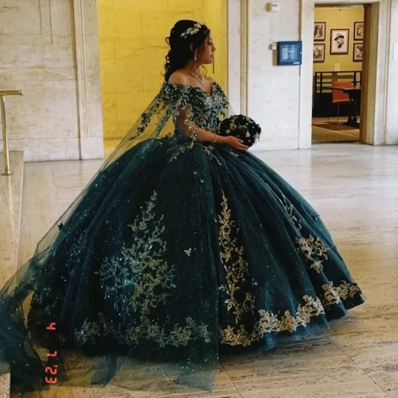Emerald Green Princess Off the Shoulder Ball Gown Quinceanera Dresses  Beaded Flower With Cape Celebrity Party Gowns MQ640| Alibaba.com