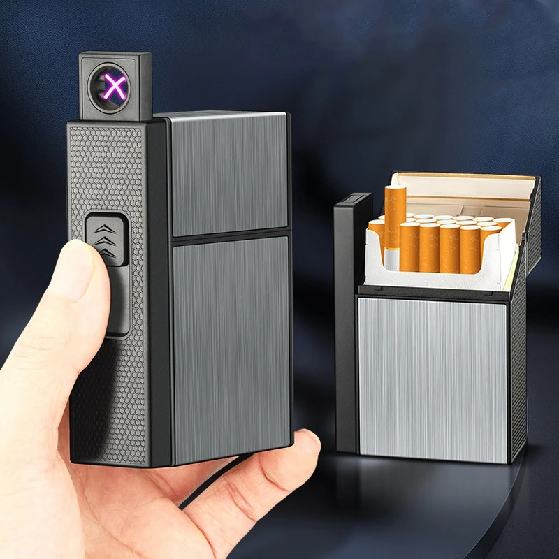 stylish cigarette case with lighter Gold-Toned Metal Cigarette Case with USB Lighter