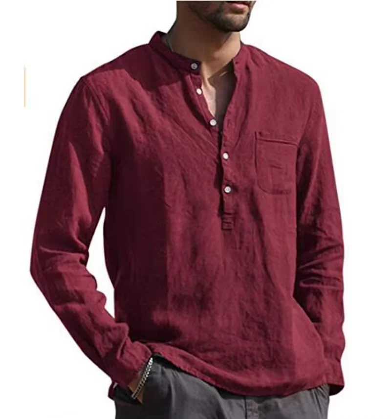 Men's Long Sleeve V-neck Casual Beach Linen Shirt